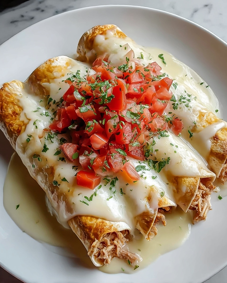 Three rolled tortillas filled with light brown shredded chicken are arranged side by side on a white plate. A creamy melted white cheese sauce covers the tortillas, flowing slightly onto the plate, with some browned spots on the edges of the tortillas. On top, there is a pile of diced red tomatoes mixed with small bits of green cilantro, which is also sprinkled lightly over the cheese sauce. The plate sits on a white marbled surface. photo taken with an iphone --ar 4:5 --v 7