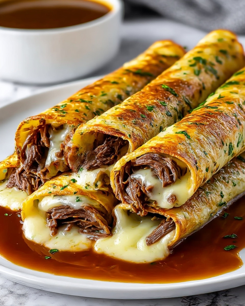 Three rolled crepes with a golden-brown, slightly crispy outer layer sprinkled with green herbs lie closely together on a white plate. Each crepe is filled with rich, dark brown shredded beef and melted gooey white cheese that is slightly oozing out at the ends. A glossy brown sauce pools under and around the crepes, adding shine and depth. In the background, a white bowl filled with more brown sauce is slightly blurred, giving focus to the crepes. The setting is on a white marbled texture. photo taken with an iphone --ar 4:5 --v 7