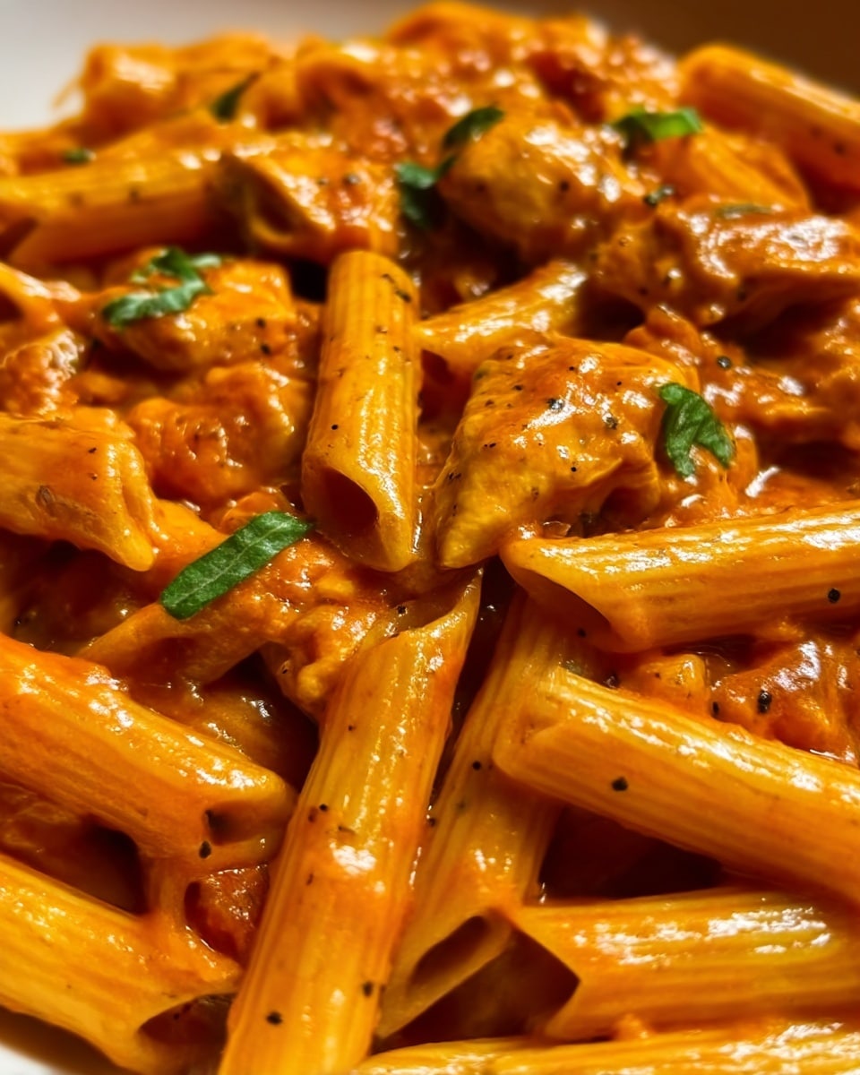 The dish shows a close-up of penne pasta mixed with pieces of cooked chicken in a thick orange-red sauce. The pasta is smooth and tubular with ridges, evenly coated by the sauce that has small chunks of tomato and herbs scattered throughout. Small green leaves and black pepper specks add contrast to the warm colors. The texture looks rich and slightly glossy, making the sauce appear thick and flavorful. photo taken with an iphone --ar 4:5 --v 7