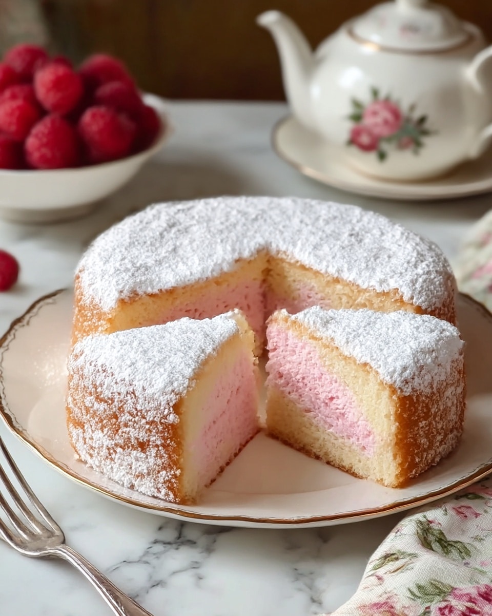 A round cake with three slices cut out visually shows two layers: a light golden outer layer and a soft pink inner layer with a fluffy texture, all covered with a thick dusting of white powdered sugar on top and sides. The cake sits on an elegant white plate with a delicate gold rim, placed on a white marbled surface with a floral cloth and a silver fork nearby. In the background, there is a white teapot with a floral design and a white plate filled with fresh raspberries, adding a cozy feel to the scene. photo taken with an iphone --ar 4:5 --v 7
