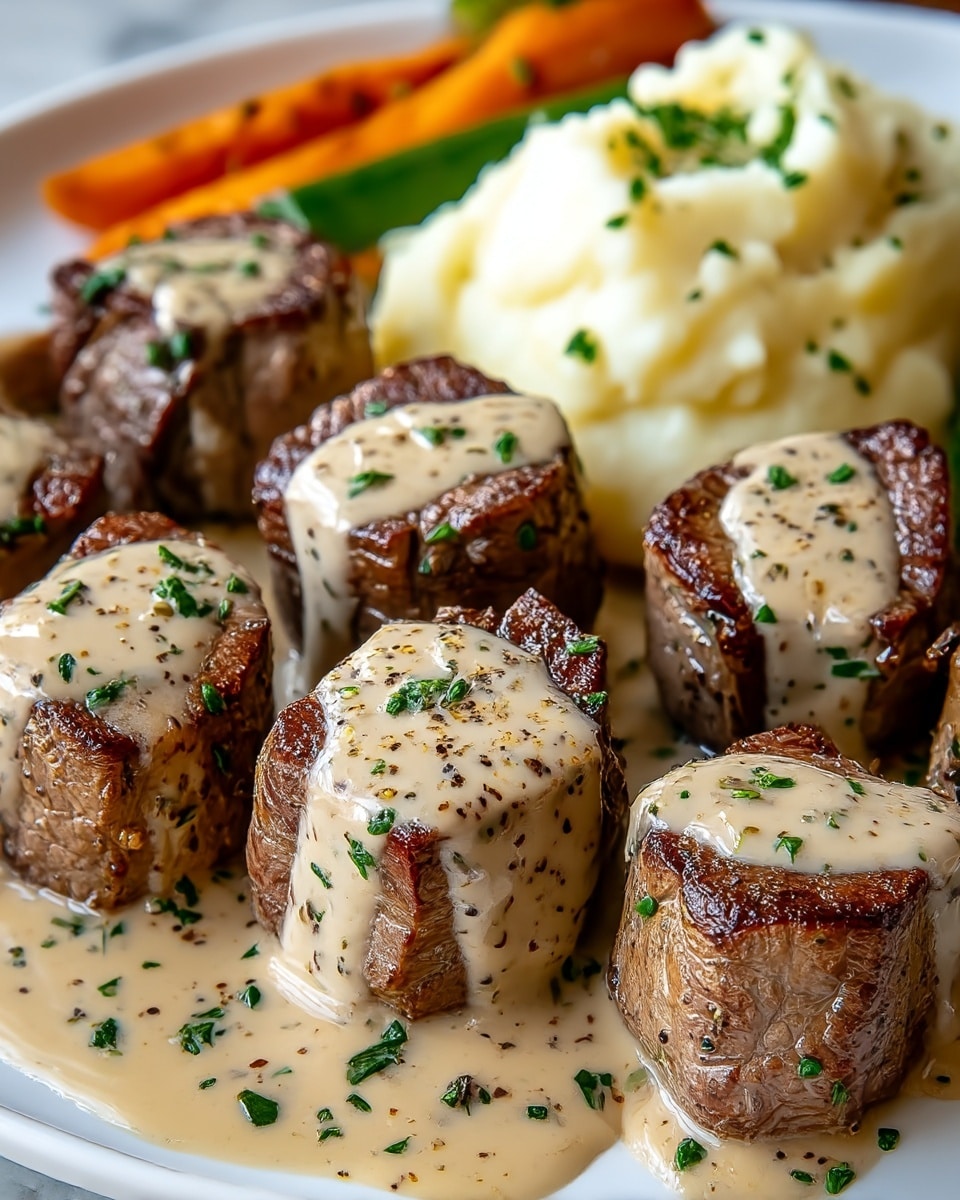 The image shows a close-up of a white plate filled with small thick round pieces of browned meat with a seared outer layer and tender texture inside, each topped with a creamy beige sauce sprinkled with black pepper and chopped green herbs. Surrounding the meat are glistening pools of sauce and finely chopped herbs scattered on the plate. In the background, there is a mound of smooth, pale mashed potatoes, and some cooked orange and green vegetables, all resting on a white marbled surface. The photo taken with an iphone --ar 4:5 --v 7