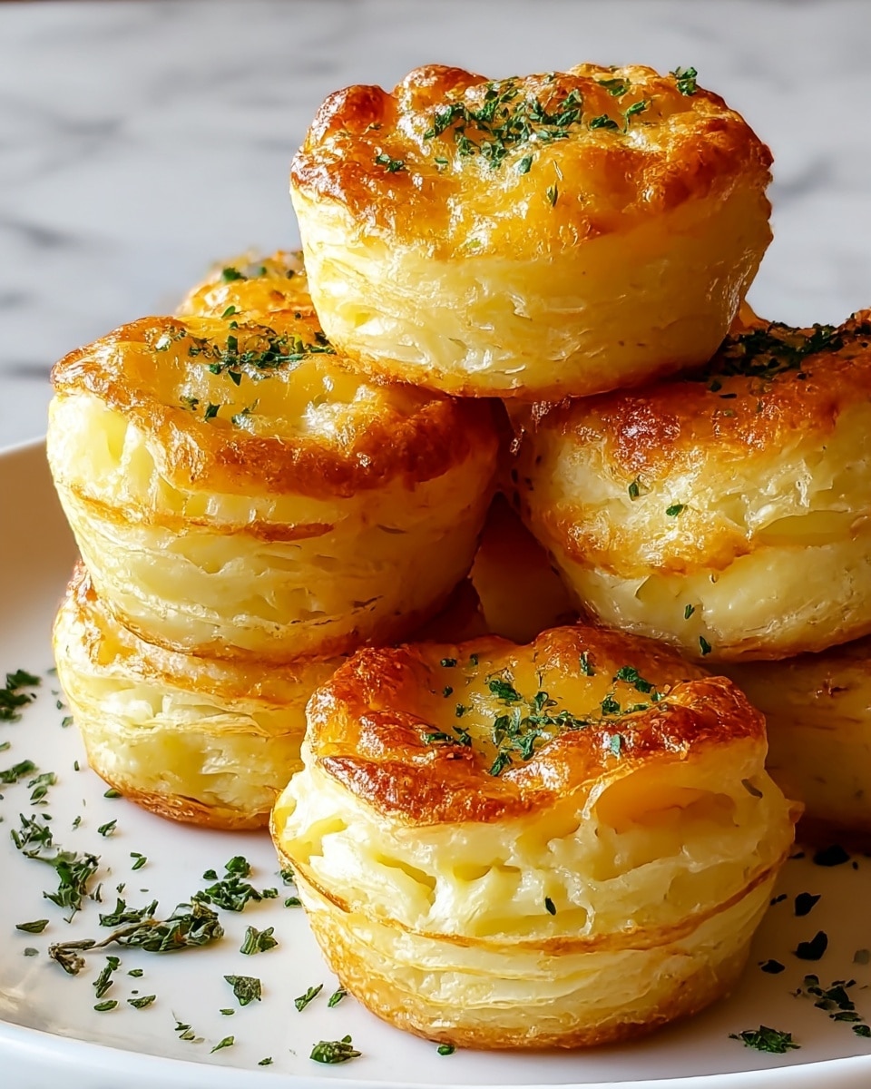 The image shows a group of six small, round pastries stacked on a white plate, each with a golden brown, slightly crispy top sprinkled with small green herb bits. The pastries have multiple visible layers, with a creamy, light yellow interior and a flaky, slightly browned outer edge. The texture looks soft and fluffy inside, while the tops appear light and airy with some bubbling. The pastries are arranged closely together, with some herbs scattered around the plate on a white marbled surface in the background. photo taken with an iphone --ar 4:5 --v 7