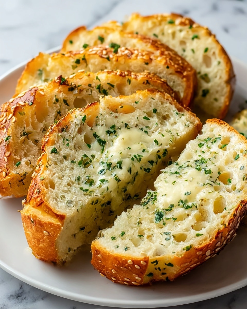 The image shows five thick slices of garlic bread arranged overlapping on a white plate with a white marbled surface underneath. Each slice has a crusty golden-brown outer layer sprinkled with sesame seeds and herbs. Inside, the bread is soft and fluffy with melted white cheese and finely chopped green herbs spread evenly throughout. The texture of the cheese looks creamy and slightly stringy, blending with the porous interior of the bread. Photo taken with an iphone --ar 4:5 --v 7