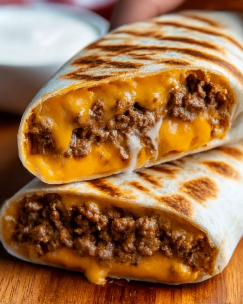 A close-up of a grilled burrito cut in half, showing two layers inside: a top layer of melted orange cheese with a smooth, creamy texture, and a bottom layer of cooked ground beef with a crumbly, brown texture. The burrito wrap is lightly browned with grill marks on the outside, and it rests on a wooden surface with a small white bowl of white sauce blurred in the background. A woman's hand is barely visible, holding the burrito from the side. Photo taken with an iphone --ar 4:5 --v 7