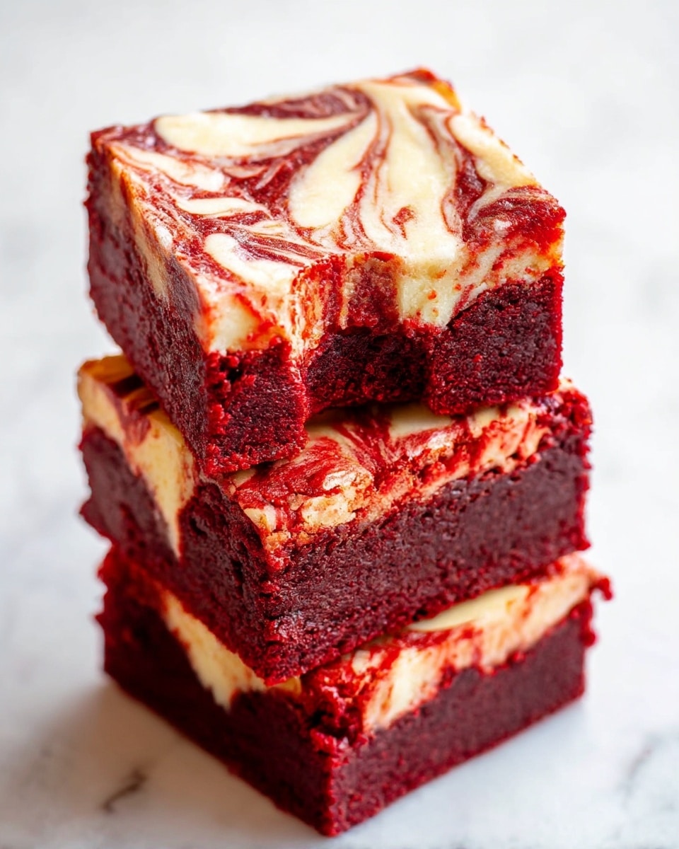 The image shows a stack of three square brownies on a white marbled surface. Each brownie has two layers: a deep red, moist cake base, and a creamy white layer swirled throughout the top surface in a marbled pattern. The texture of the brownie appears dense and soft, with the cream layer forming smooth, irregular shapes blending into the red. The sides of each brownie reveal the contrast between the rich red and white layers, with the top brownie having a small bite taken out of one corner. Photo taken with an iphone --ar 4:5 --v 7