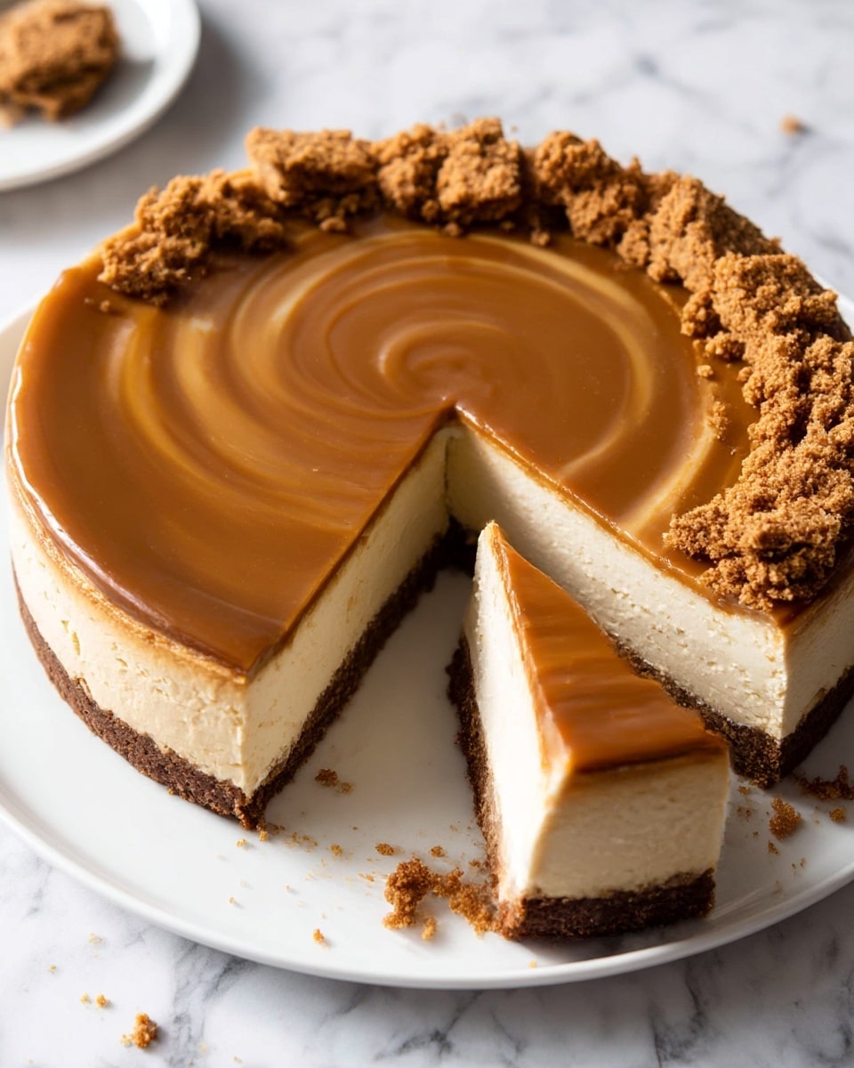 A round cheesecake on a white plate with a smooth caramel-colored top layer, featuring a shiny swirl pattern. The middle layer is thick, creamy off-white cheesecake, and the bottom layer is a thinner, dark brown crumbly crust. Around the edge of the cheesecake top, there are clusters of crumbled brown cookie pieces scattered for decoration. Two slices are cut and slightly separated from the main cake, revealing the clean layers inside. The plate sits on a white marbled surface with a few crumbs around it. Photo taken with an iphone --ar 4:5 --v 7