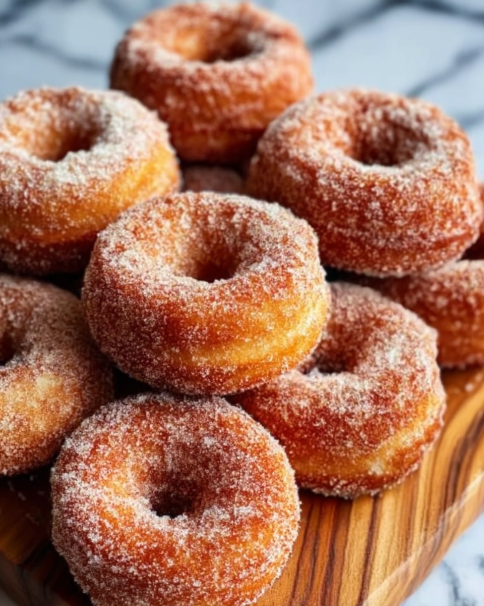A close-up image of a group of sugar-coated doughnuts arranged in two rows on a wooden board. Each doughnut has a golden-brown, slightly crispy outer layer covered evenly with granulated sugar, giving them a rough texture. The doughnuts have a classic round shape with a hole in the center and appear soft and fluffy inside. The wooden board has natural wood grain patterns, and the background shows a blurred white marbled surface. Photo taken with an iphone --ar 4:5 --v 7