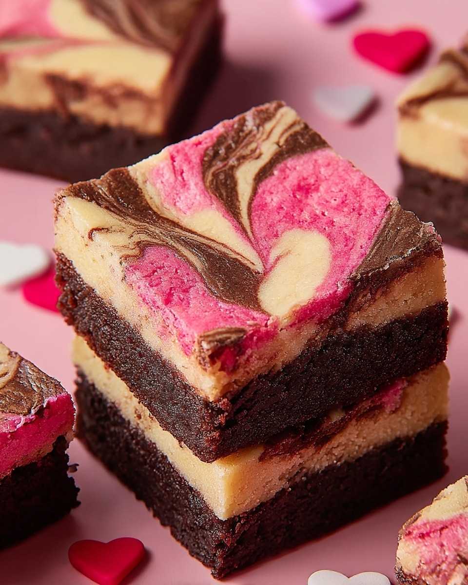The image shows a close-up of a square brownie piece with three distinct layers. The bottom layer is dark brown and looks moist and dense with a slightly rough texture. The middle layer has a creamy, light beige color, smooth and swirled naturally into the bottom and top layers. The top layer is a mix of bright pink and chocolate brown swirls, creating a marbled effect with a slightly cracked texture on the edges. The brownie pieces rest on a soft pink background with small pink and white heart shapes scattered softly around. photo taken with an iphone --ar 4:5 --v 7
