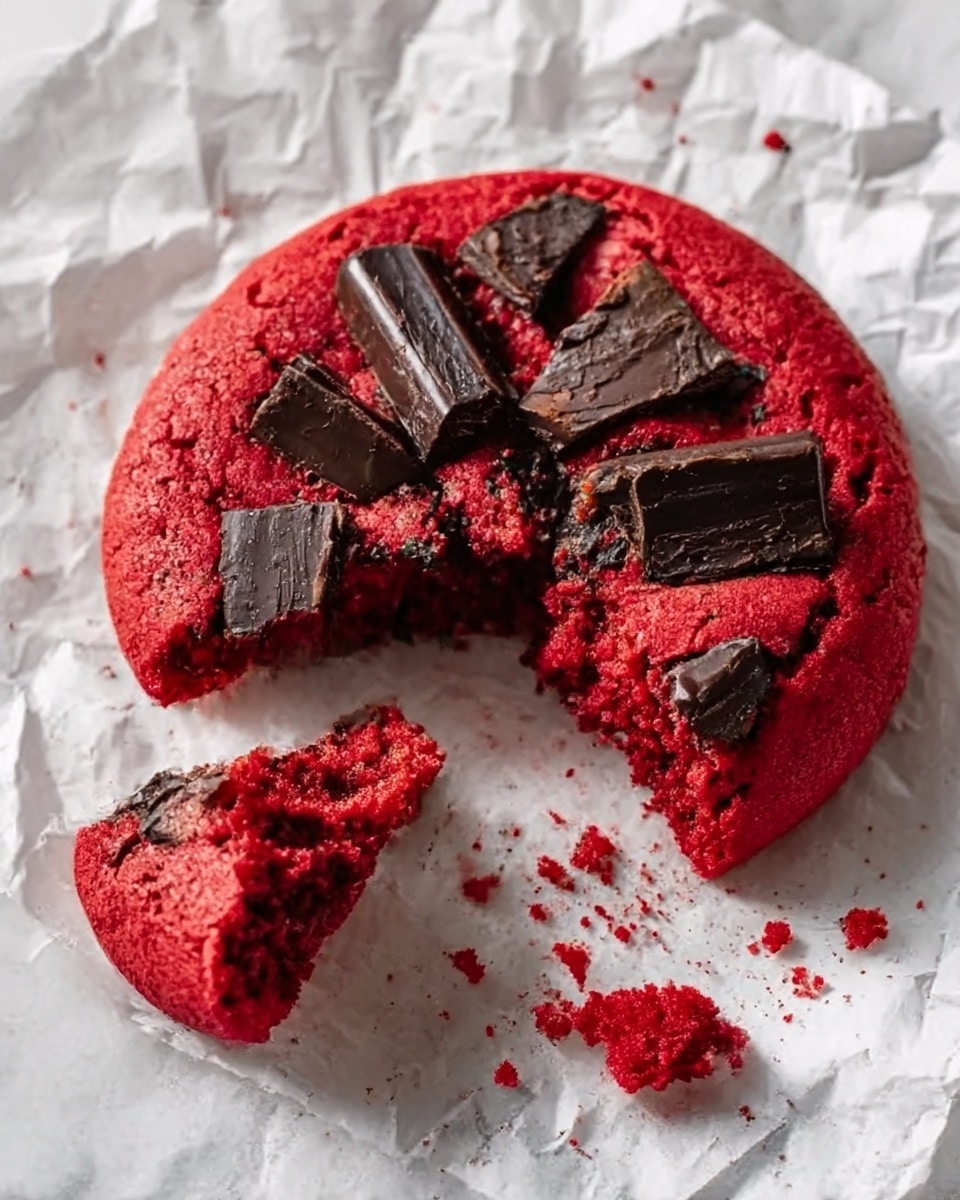A round, bright red cookie with a slightly cracked surface is shown on crinkled white paper resting on a white marbled texture. Large chunks of dark chocolate are scattered on top, some pieces slightly melting into the cookie. One piece of the cookie is broken off, revealing a soft, chewy, and dense red interior. Crumbs are visible around the broken piece, giving a fresh-baked feeling. Photo taken with an iphone --ar 4:5 --v 7