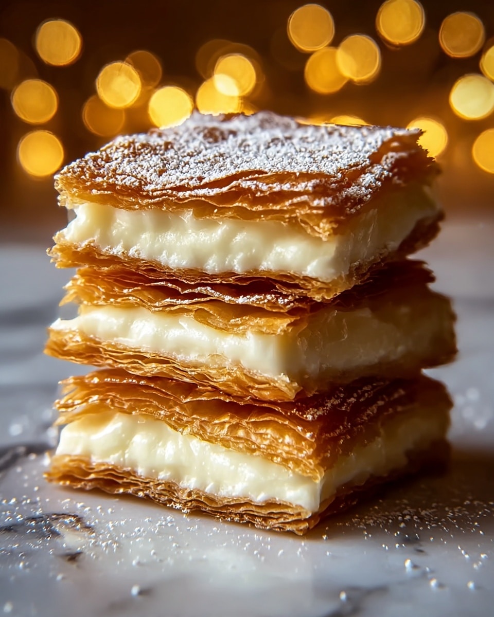 A stack of three square layered pastries sits on a white marbled surface, each layer made of golden-brown, flaky pastry with a crispy texture, dusted lightly with powdered sugar. Between the pastry layers are thick, creamy white filling layers visible on all three levels, slightly oozing out at the edges. The powdered sugar is sprinkled on top and around the base of the stack, with soft warm yellow lights blurred in the background creating a cozy atmosphere. photo taken with an iphone --ar 4:5 --v 7