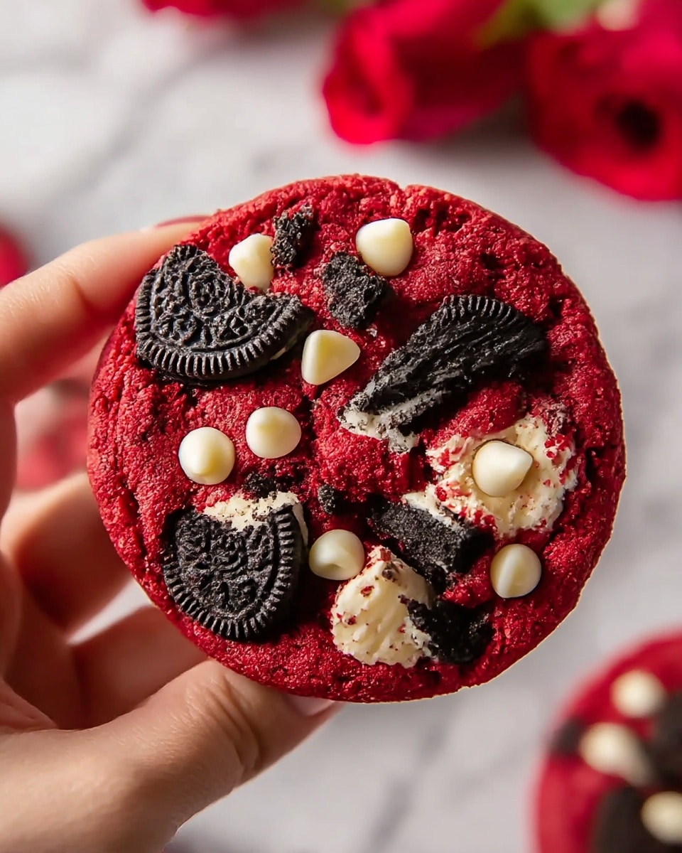 A close-up of a thick, round red velvet cookie held by a woman's hand, topped with chunks of black and white sandwich cookies broken into pieces scattered unevenly on the surface, along with white chocolate chips nestled between the pieces and embedded in the vibrant red dough. The cookie texture shows a soft, moist crumb with a slight gloss, and the background includes blurry red roses and a white marbled surface decorated with a cream fabric and more cookies. photo taken with an iphone --ar 4:5 --v 7