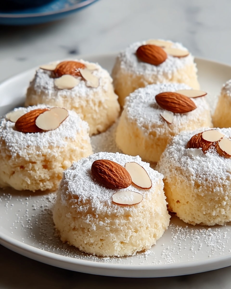 Seven small round sponge cakes are placed close together on a white plate. Each cake has a light beige fluffy texture and is covered with a top layer of white powdered sugar. On top of the sugar, there is a whole brown almond and a thin sliced almond piece on each cake. Some powdered sugar is also scattered around the cakes on the plate. The plate sits on a white marbled surface with a blurred background. Photo taken with an iphone --ar 4:5 --v 7