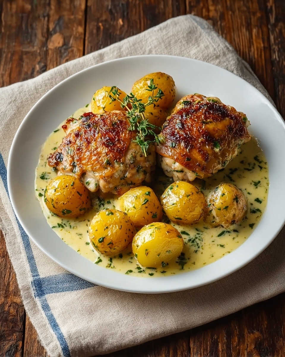 A white plate sits on a folded beige and blue striped cloth over rustic wood, holding two golden-brown roasted chicken thighs with crispy skin, speckled with green herbs and spices. Surrounding the chicken are seven small, shiny, yellow roasted potatoes coated with herbs. The dish is served in a creamy, pale yellow sauce with green herb flecks, pooling at the bottom of the plate and partially covering the potatoes. A small sprig of fresh green thyme rests on top of the chicken, adding a touch of color. photo taken with an iphone --ar 4:5 --v 7