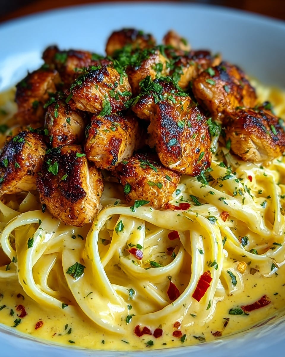 A white plate holds creamy fettuccine pasta as the bottom layer, coated in a smooth yellow sauce with small red chili flakes and green herb pieces scattered throughout. On top of the pasta, there is a thick layer of golden brown grilled chicken chunks with a slightly charred texture, each piece sprinkled with fresh chopped green herbs. The dish looks rich and inviting with a mix of creamy, roasted, and fresh green colors. photo taken with an iphone --ar 4:5 --v 7