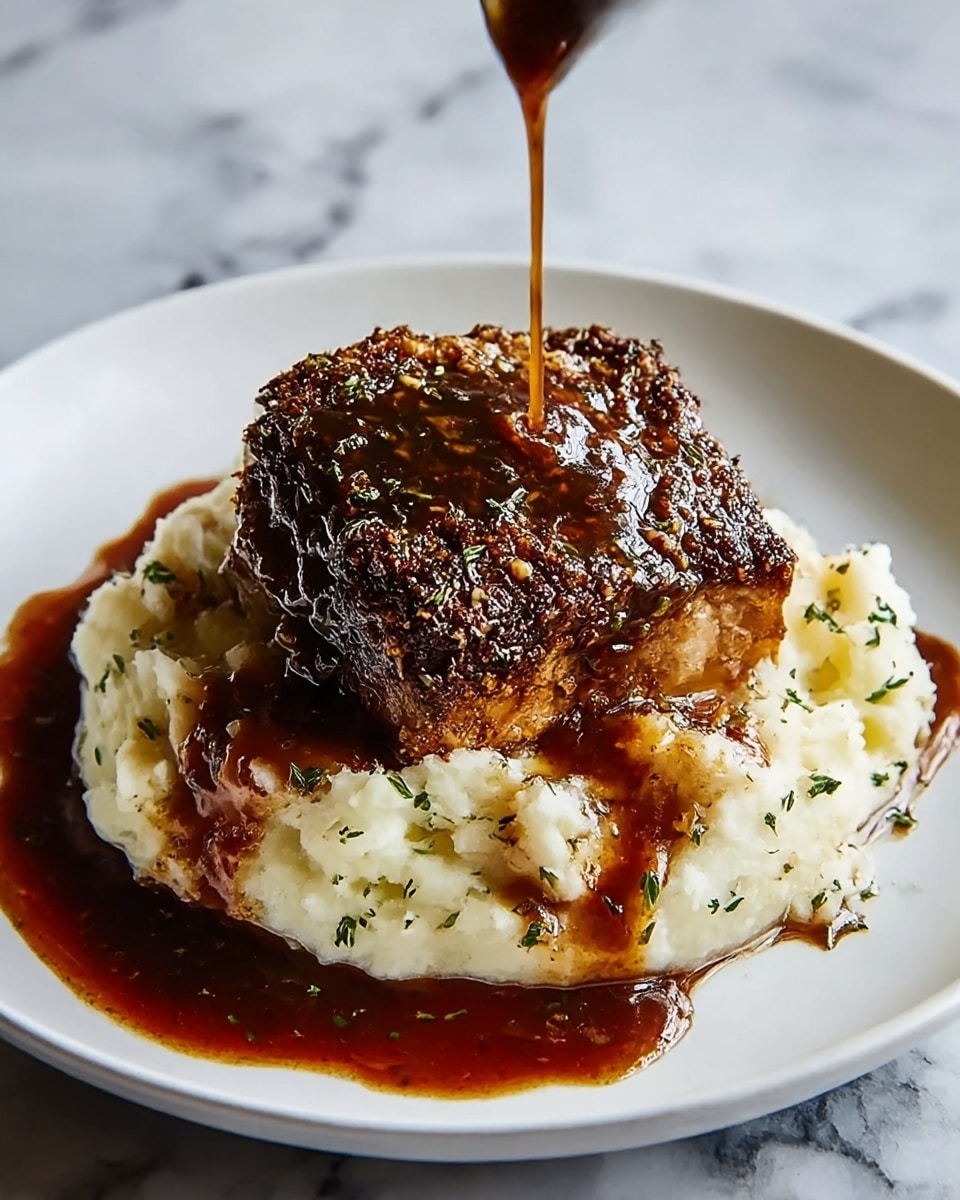 A white plate holds a thick bed of creamy mashed potatoes, soft and fluffy with small green herb specks mixed in. Sitting on top is a large piece of dark brown, crispy meat with a coarse herb and spice crust. A rich, dark brown sauce is poured over the meat and spills onto the mashed potatoes, adding a glossy shine. The plate is placed on a white marbled surface. photo taken with an iphone --ar 4:5 --v 7