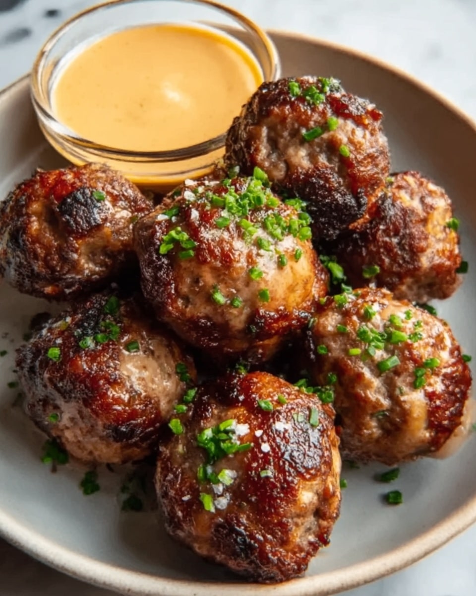 A white plate holds about seven browned meatballs with a crispy, slightly charred surface, sprinkled with chopped green herbs and coarse salt. The meatballs have a rough, textured look with some lighter and darker brown spots from cooking. At the back edge of the plate is a small glass bowl filled with creamy, light orange sauce, looking smooth and thick. The plate sits on a white marbled surface. photo taken with an iphone --ar 4:5 --v 7