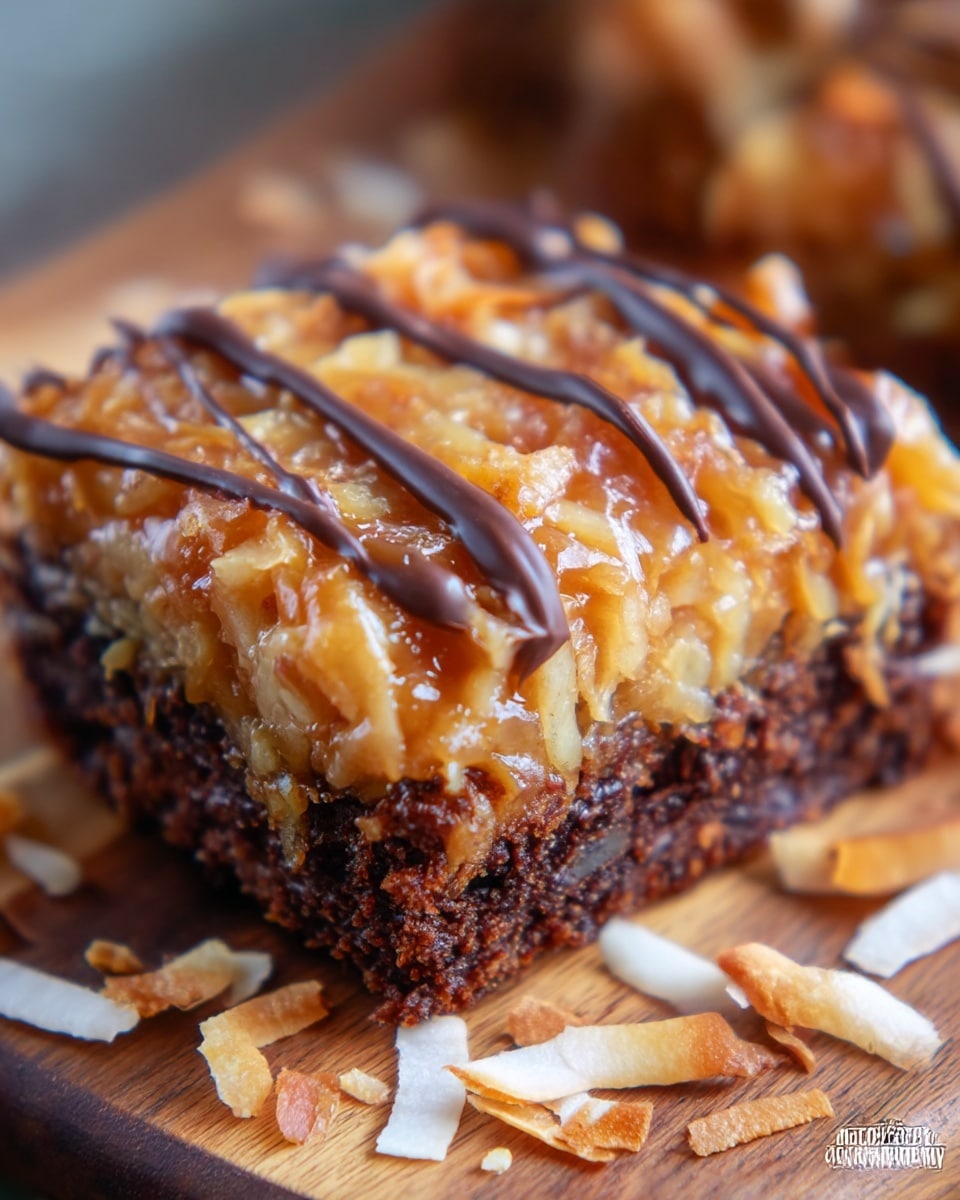 The image shows a close-up of a two-layer dessert square placed on a wooden board with some toasted coconut flakes scattered around. The bottom layer is dark brown, moist, and crumbly, resembling a rich chocolate brownie. The top layer is thick and golden brown with visible shredded coconut mixed in a sticky caramel-like sauce, giving it a glossy texture. On top, there are three uneven dark chocolate lines running across the dessert. The overall look is rich, sticky, and textured. Photo taken with an iphone --ar 4:5 --v 7