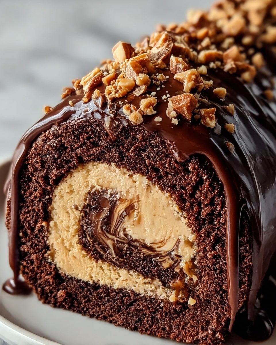 The image shows a close-up of a chocolate roll cake with three visible layers inside: a dark brown chocolate sponge layer, a light tan creamy filling, and a drizzled swirl of glossy chocolate ganache running through the middle. The outside is covered with a shiny, thick chocolate glaze that also drips slightly down the side. On top, small crunchy bits of light brown and chocolate pieces are sprinkled over the glossy surface, adding texture and color contrast. The cake is placed on a white plate against a white marbled background. photo taken with an iphone --ar 4:5 --v 7