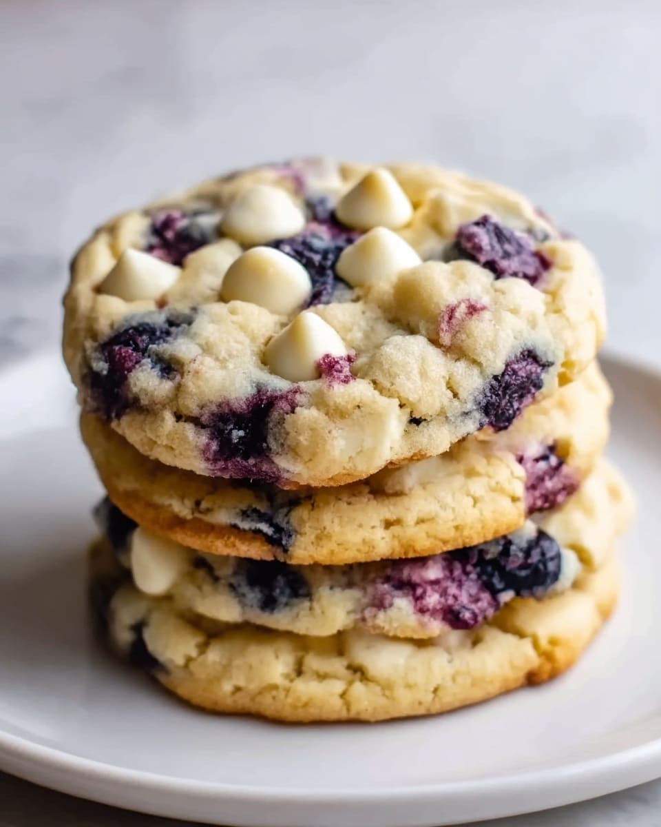 A stack of three thick cookies sits on a white plate, each cookie layered with a soft, slightly golden dough base dotted with dark purple blueberries and white chocolate chips. The top cookie shows a rough, textured surface with visible lumps of gooey blueberries bursting through, and creamy white chocolate chips scattered evenly. The edges of the cookies are gently cracked, giving a homemade feel. The scene is set on a white marbled surface, and the overall look is cozy and inviting. photo taken with an iphone --ar 4:5 --v 7