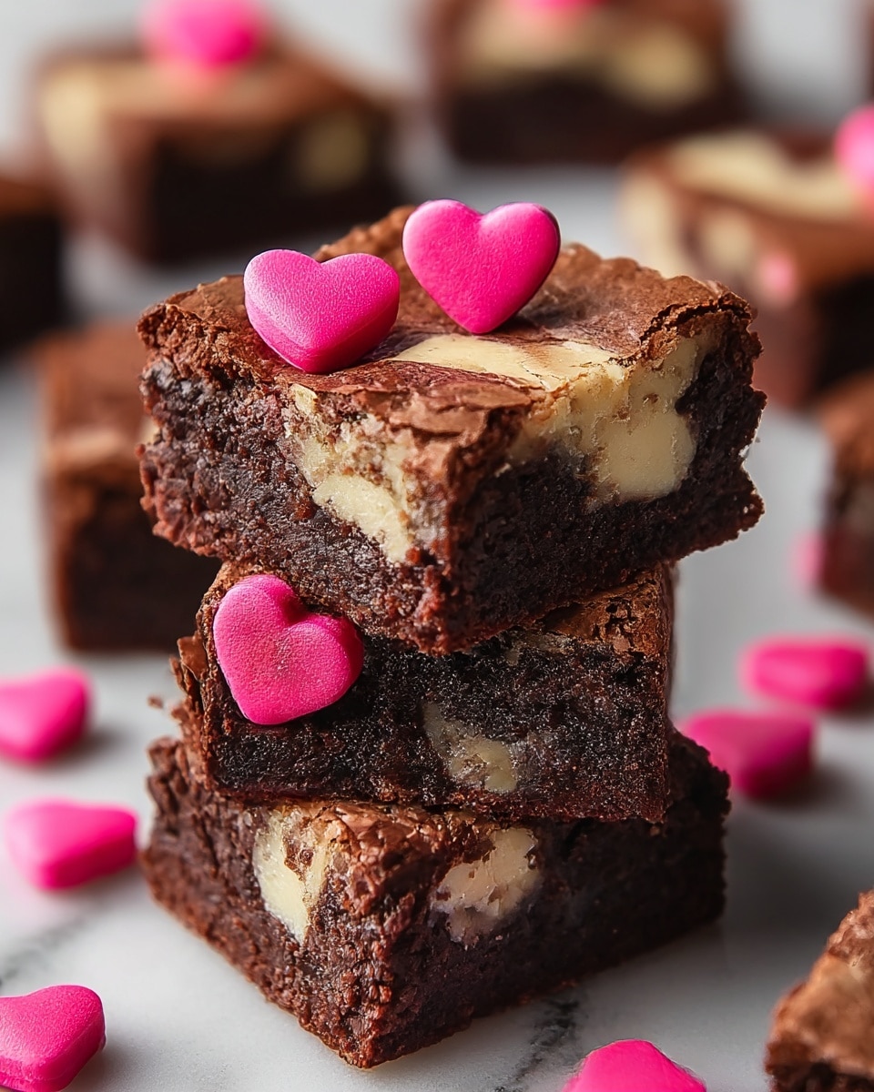 A stack of three rich, dark brown brownies with a cracked, slightly crispy top layer is shown. The brownies have swirls of creamy, light beige cheesecake mixed within, visible through the middle and top. On top of the top brownie, there are two bright pink heart-shaped candies placed close together, adding a pop of color. More pink heart candies are scattered around the stack on a white marbled surface, with some blurred brownies visible in the background, keeping the focus on the front stack. The texture of the brownies is dense and moist, with the cheesecake swirls smooth and slightly sunken. photo taken with an iphone --ar 4:5 --v 7
