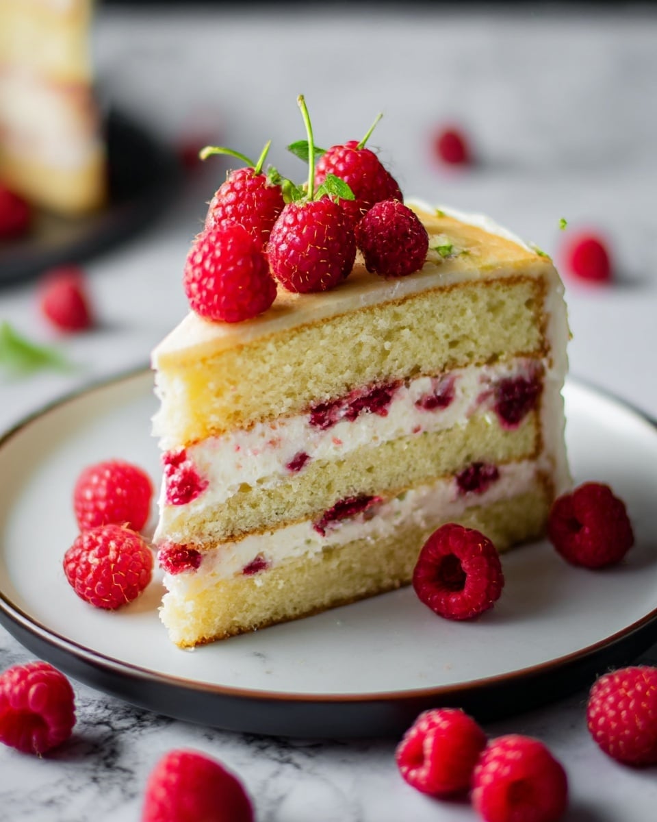 The image shows a slice of layered cake on a white plate with a dark rim, placed on a white marbled surface. The cake has three layers: the top and bottom layers are light yellow sponge cake, and the middle layer is white cream mixed with red raspberries. There is a thin layer of white cream between each sponge cake layer with visible bits of red raspberries. The top of the cake slice is decorated with fresh red raspberries, some with green stems, giving a fresh and natural look. Scattered raspberries surround the plate, adding to the vibrant red and yellow contrast. The texture of the cake looks soft and moist, with creamy and fruity details. photo taken with an iphone --ar 4:5 --v 7