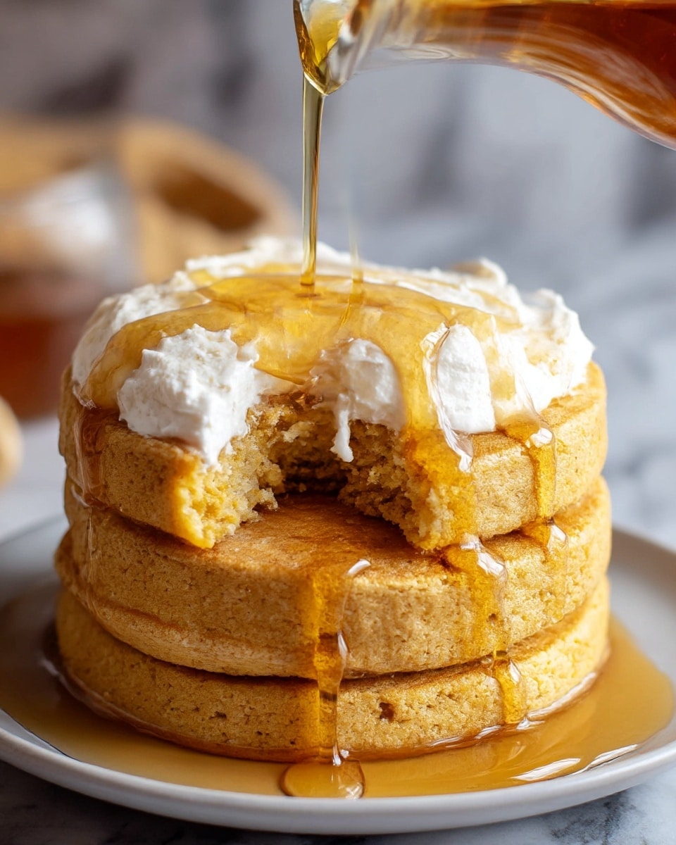 A stack of three thick, golden brown pancakes rests on a white plate, each pancake showing a slightly coarse texture. The top pancake is partially bitten, revealing a soft and fluffy inside with a light yellow color. A smooth layer of white cream spreads over the top pancake, covering most of its surface. Golden honey is being poured onto the cream, flowing down the sides of both the top pancake and the stack below, catching the light and creating glossy highlights. The background shows a softly blurred white marbled texture with hints of kitchen items around. photo taken with an iphone --ar 4:5 --v 7