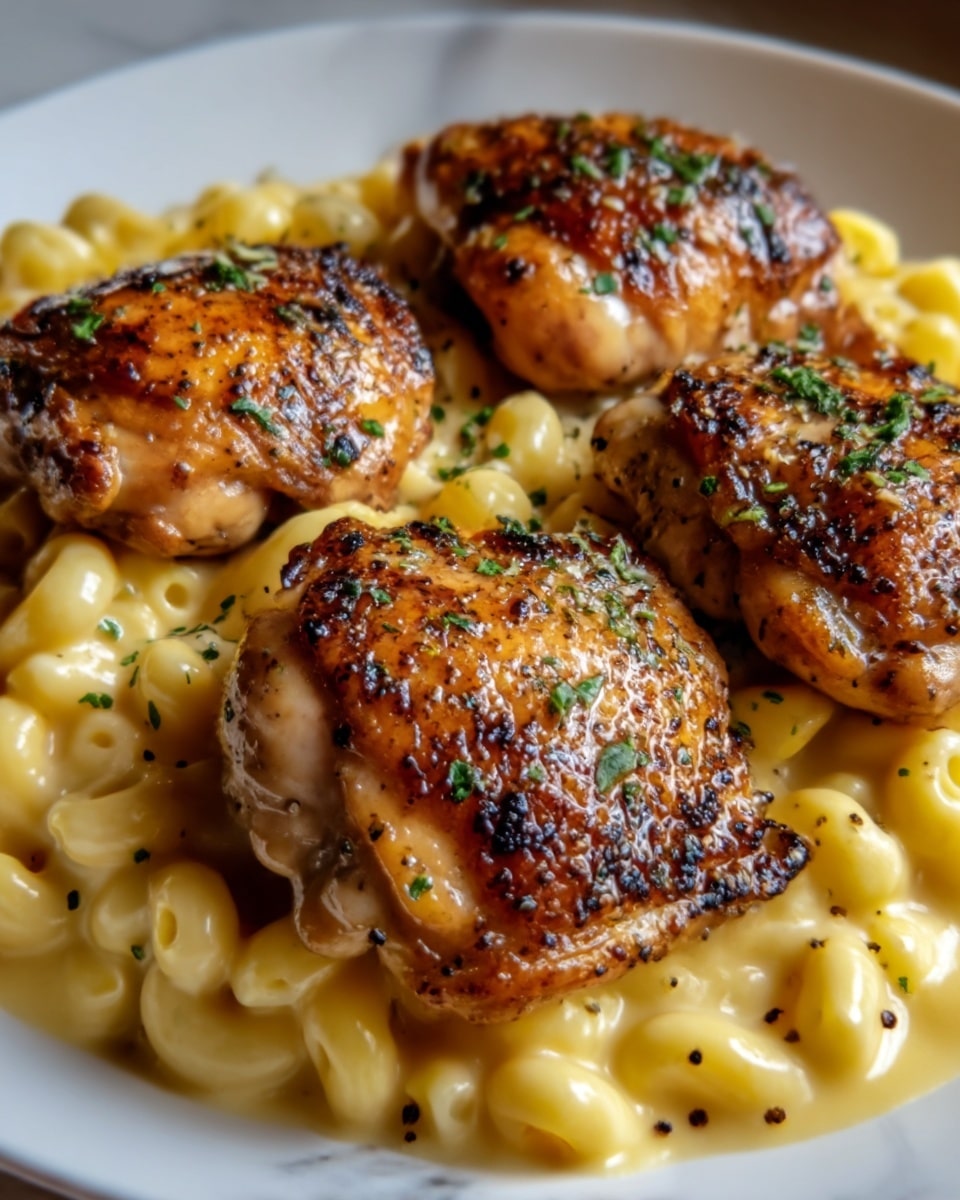 The image shows a close-up of a white plate on a white marbled surface, filled with three pieces of grilled chicken thighs on top of creamy macaroni and cheese. The chicken thighs are browned with crispy skins, speckled with char marks and herbs. Below them, the macaroni is coated in a smooth, yellow cheese sauce, with small black pepper flakes scattered on top. The chicken pieces are positioned in a diagonal line across the macaroni, creating a tasty and inviting look. Photo taken with an iphone --ar 4:5 --v 7