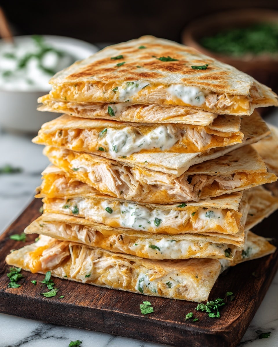 A stack of six triangular quesadilla slices is shown on a dark wooden board with scattered chopped green herbs. Each slice has three visible layers: a light golden-browned toasted tortilla on the top and bottom, filled with a mix of melted yellow cheese, white melted cheese with visible green herbs, and shredded light brown chicken pieces. The quesadillas look crisp on the outside with a gooey and creamy inside. In the background, there is a white bowl filled with a white sauce topped with more green herbs. The setting is on a white marbled surface. photo taken with an iphone --ar 4:5 --v 7