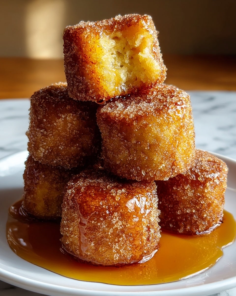 A close-up of five small, round cakes stacked in a pyramid shape on a white plate, each cake coated with a crunchy golden-brown sugar crust. The cakes have a rough, grainy texture on the outside with a soft, yellow inside visible from a small bite taken from the top cake. Rich amber syrup is generously drizzled over the cakes, pooling around their base, adding a shiny, sticky layer that catches the light. The background uses soft, warm natural light and a white marbled texture surface under the plate. photo taken with an iphone --ar 4:5 --v 7