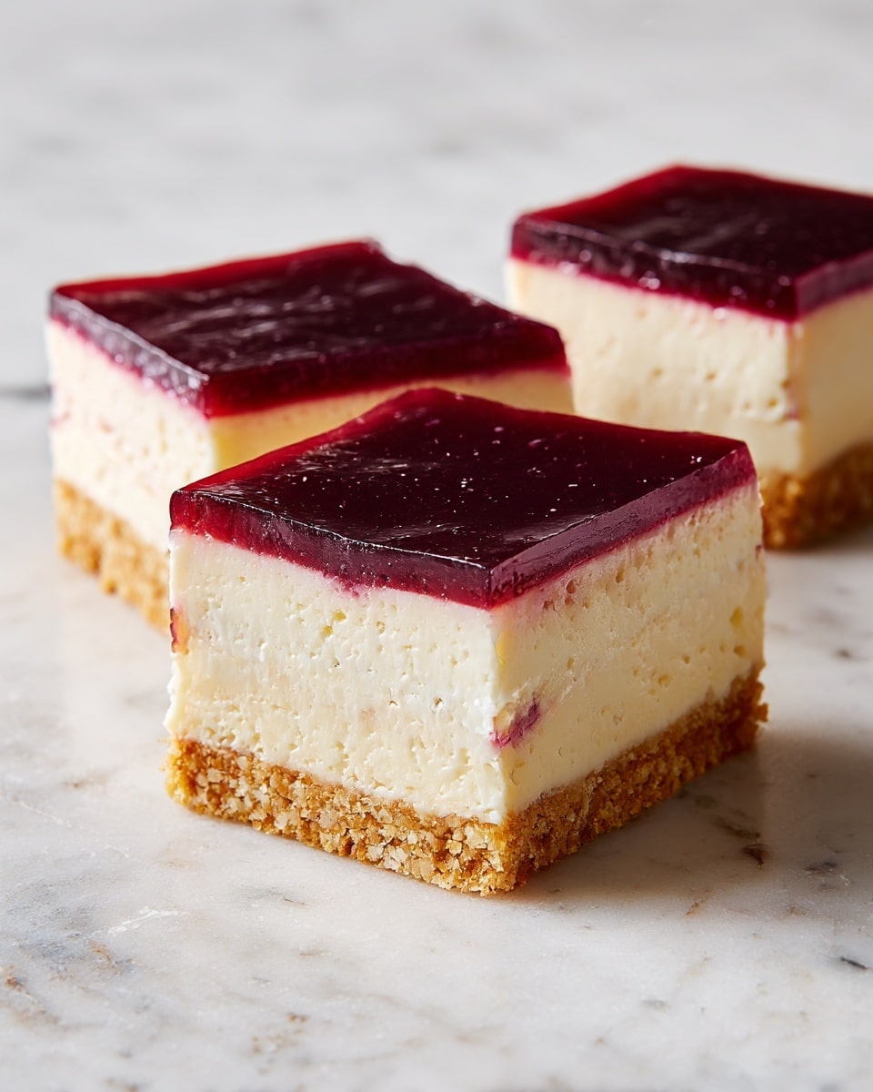 Three small cheesecake slices are neatly placed side by side on a white marbled surface. Each slice has three clear layers: a crumbly, golden brown crust forms the bottom and edges, a thick, creamy light beige cheesecake layer sits in the middle, and a shiny, smooth dark red jelly layer tops each slice. The edges of the crust are slightly uneven, giving a rustic look, and the jelly layer has a glassy texture that reflects light softly. photo taken with an iphone --ar 4:5 --v 7