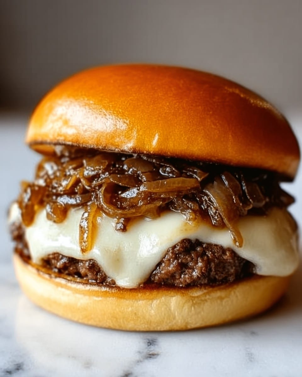 The image shows a close-up of a juicy burger with three visible layers: the top layer is a soft, shiny golden brown bun, below it is a layer of cooked caramelized onions with a slightly glossy texture, followed by a thick, dark brown cooked beef patty covered with melted pale yellow cheese that drapes over the sides, and the bottom layer is the soft, smooth, light golden brown bun. The layers are stacked neatly, with the juicy meat and onions slightly spilling out. The background is a white marbled texture. Photo taken with an iphone --ar 4:5 --v 7
