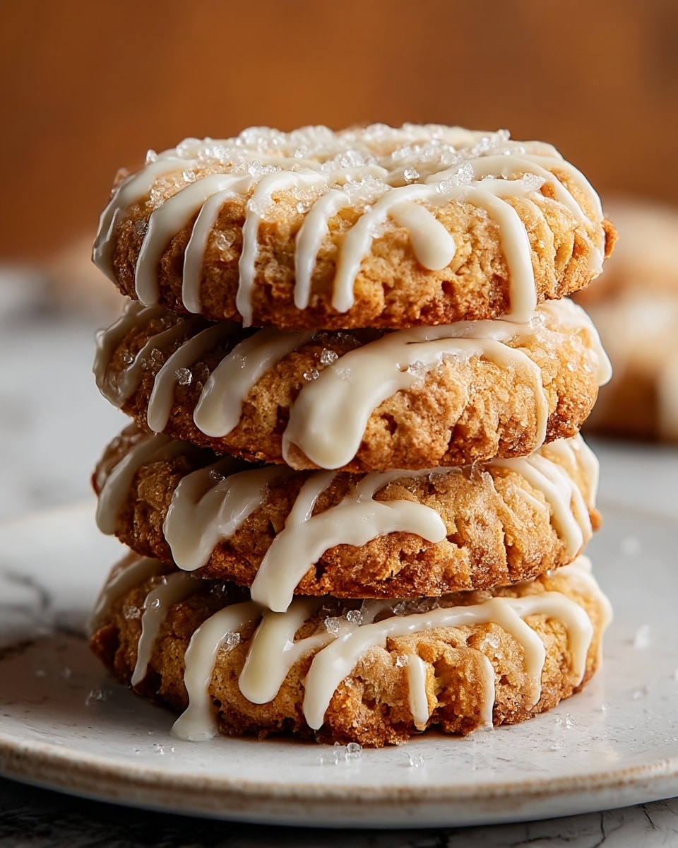 A stack of four round cookies with rough, golden-brown edges and a soft, crumbly texture in the center sits on a white plate. Each cookie is drizzled generously with white icing in an irregular zigzag pattern that slightly drips down the sides. Sparkling sugar crystals are sprinkled on the cookies, adding a slight shimmer. The background shows blurred shapes in warm tones, contrasting with the sharp focus on the cookie stack. The surface beneath the plate has a white marbled texture. photo taken with an iphone --ar 4:5 --v 7