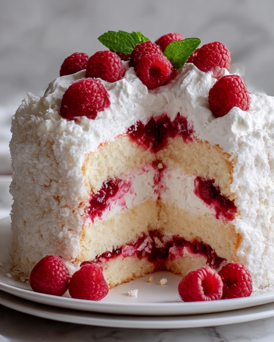 A tall, round cake with three visible layers sits on a white plate on a white marbled surface. The bottom and top layers are light golden sponge cake with a soft, airy texture. The middle layer is thick, white whipped cream with bright red raspberries embedded in it. The top of the cake is covered with a generous layer of white whipped cream and dusted with powdered sugar. Fresh raspberries and a small green mint leaf rest in a pile on top. Additional raspberries are placed around the base of the cake. The cake has a slice missing, revealing the soft and creamy filling inside. photo taken with an iphone --ar 4:5 --v 7