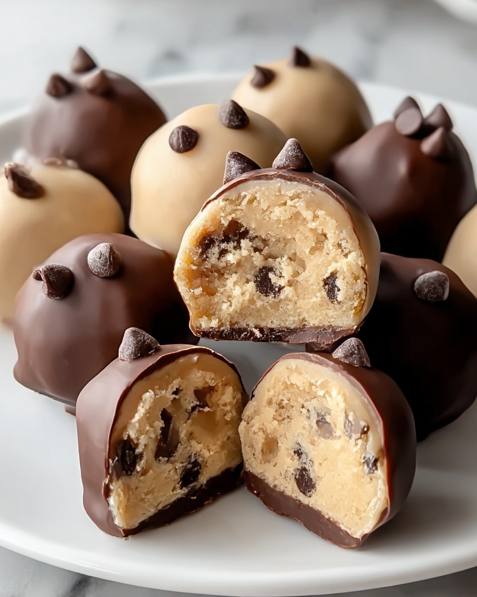 A white plate is filled with round cookie dough truffles that have different coatings: some are covered in smooth beige dough with dark chocolate chips inside and a dark chocolate base, while others are coated in dark chocolate with a glossy finish and several raised chocolate chips on the outside. The texture of the beige dough is soft and crumbly with visible chocolate chips inside. Two truffles are cut in half in the front, showing the thick beige cookie dough layer with embedded dark chocolate chips, and the thin dark chocolate bottom layer; the other truffles are whole and scattered around them. The plate sits on a white marbled surface. photo taken with an iphone --ar 4:5 --v 7