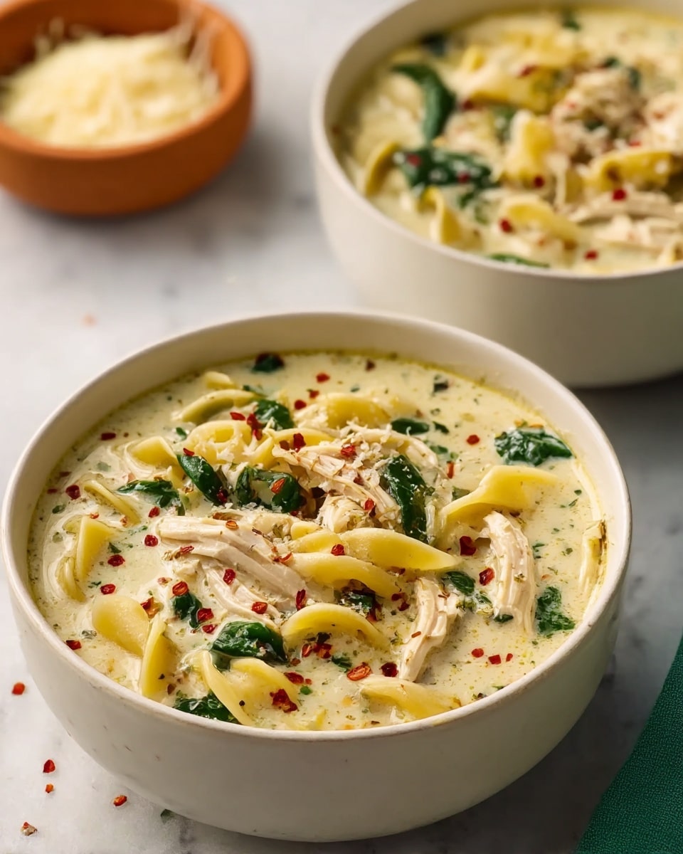 A close-up view of a thick creamy soup served in a white bowl, filled with three main layers: tender shredded chicken in light beige, soft delicate noodles in pale yellow with curled shapes, and scattered dark green spinach leaves. The soup has a rich, light cream base speckled with herbs and red chili flakes, giving it a textured look. In the background, another white bowl with a similar soup is slightly out of focus and a small wooden bowl with grated cheese is visible. The bowls sit on a white marbled surface with a light cloth nearby. photo taken with an iphone --ar 4:5 --v 7