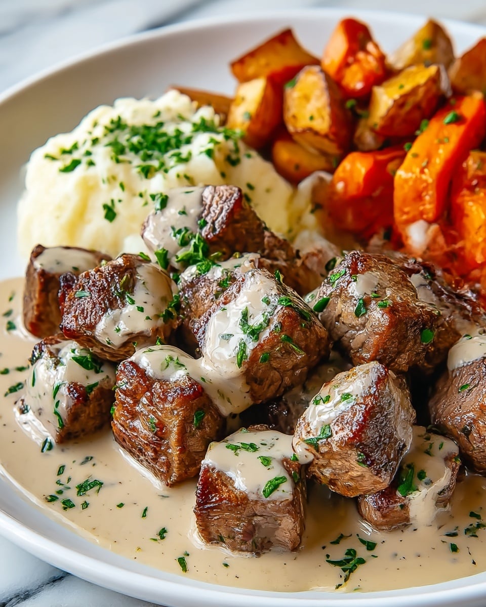 This image shows a white plate filled with several bite-sized pieces of grilled steak, each topped with a creamy light brown sauce and small green parsley bits. The steak cubes are arranged closely together in the center of the plate, showing a light charred texture with brown and slightly blackened edges. The sauce coats the top of each piece and pools gently at the base. In the background, there are roasted carrot and potato wedges with a golden brown color, and a fluffy mound of mashed potatoes with a light drizzle of gravy and sprinkled chopped herbs. The surface under the plate has a white marbled texture. photo taken with an iphone --ar 4:5 --v 7