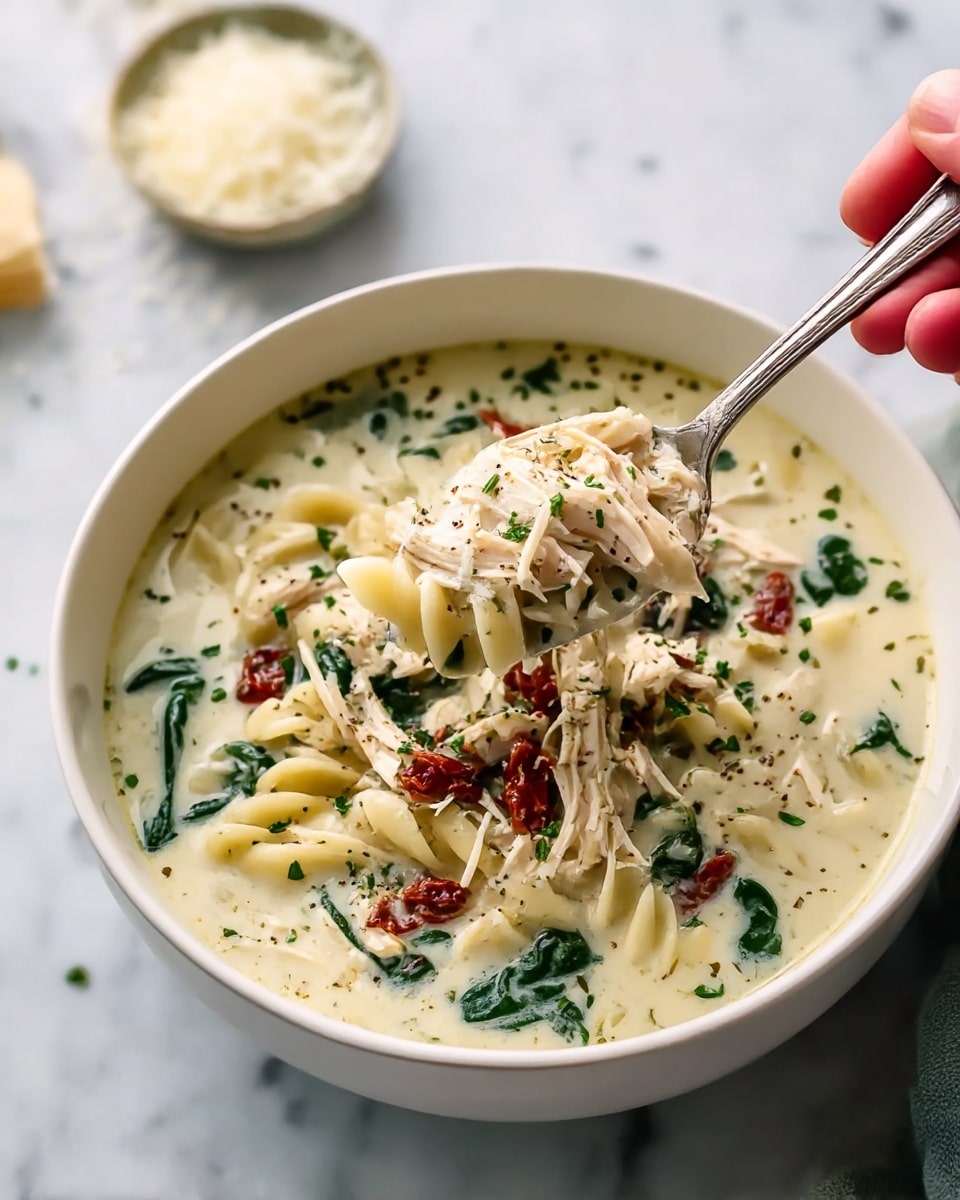 A large white bowl filled with creamy chicken soup that has several visible layers: at the bottom is a light cream broth mixed with green spinach leaves, pieces of shredded white chicken, small red sun-dried tomato bits, and beige cooked pasta curls. The soup surface is sprinkled with finely chopped green herbs and black pepper. A spoon held by a woman's hand lifts a scoop from the bowl, showing a mix of creamy broth, pasta, chicken, and spinach close up. The bowl is set on a white marbled surface with a small blurred bowl of white grated cheese in the background. photo taken with an iphone --ar 4:5 --v 7