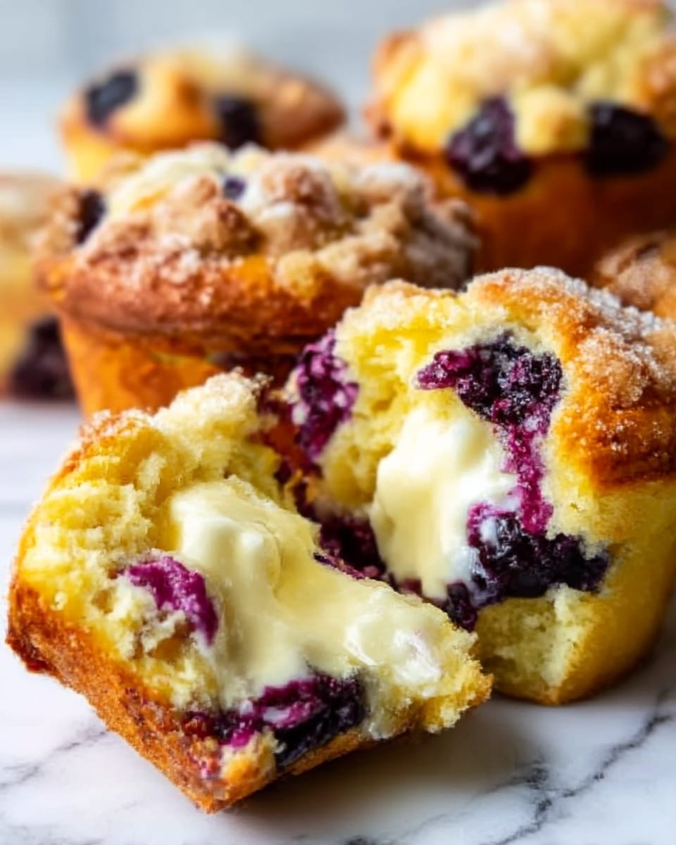 A close-up of a small muffin broken open to show three layers: the outer layer is golden brown and crumbly with a textured top, the middle layer is soft, light yellow cake, and the inner layer is filled with creamy white cheese and dark purple to red berry pieces, giving a juicy and colorful contrast. The muffin rests on a white marbled surface with other muffins blurred softly in the background, and a few fresh blueberries are placed around it. The photo taken with an iphone --ar 4:5 --v 7