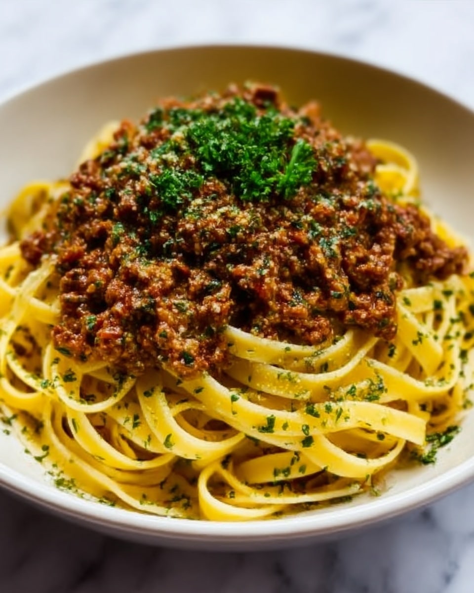 The image shows a white bowl filled with creamy yellow pasta topped with a thick layer of browned ground meat sauce. The pasta strands are smooth and tangled, coated lightly with a rich sauce and sprinkled with chopped green herbs. On top, the meat sauce looks chunky with a mix of browned bits and small green herb pieces, giving it a textured appearance. A fresh green parsley sprig decorates the center, adding a pop of color. The background is a white marbled surface. photo taken with an iphone --ar 4:5 --v 7