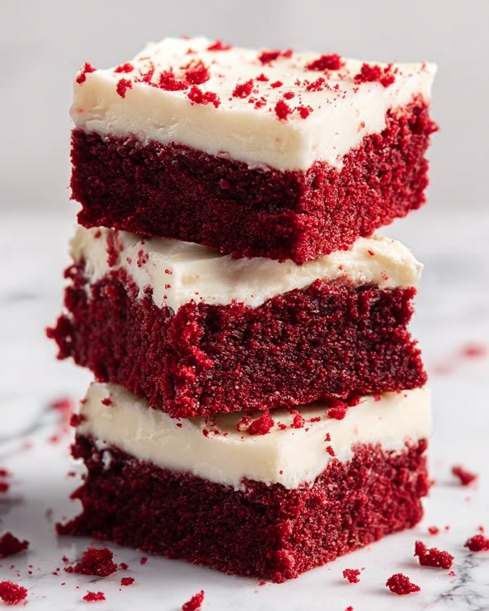 A stack of three square pieces of red velvet cake with creamy white frosting on top of each piece, placed one on top of another. The cake layers are rich dark red with a soft, moist texture, while the frosting is smooth, thick, and slightly crumbly with some red crumbs sprinkled on top and around the base. The background is a white marbled texture. Photo taken with an iphone --ar 4:5 --v 7