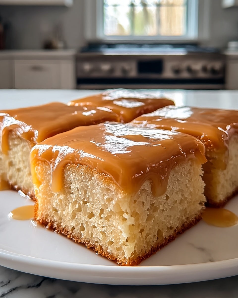 The image shows four square pieces of a light brown, soft cake arranged neatly on a white plate. Each piece is covered thickly with a smooth, shiny caramel glaze that drips slightly over the edges, creating a glossy texture on top and sides. The cake appears moist and has a slightly crumbly texture near the base, which is golden brown and looks baked perfectly. The background is blurred but hints at a kitchen setting with a white marbled surface beneath the plate. photo taken with an iphone --ar 4:5 --v 7