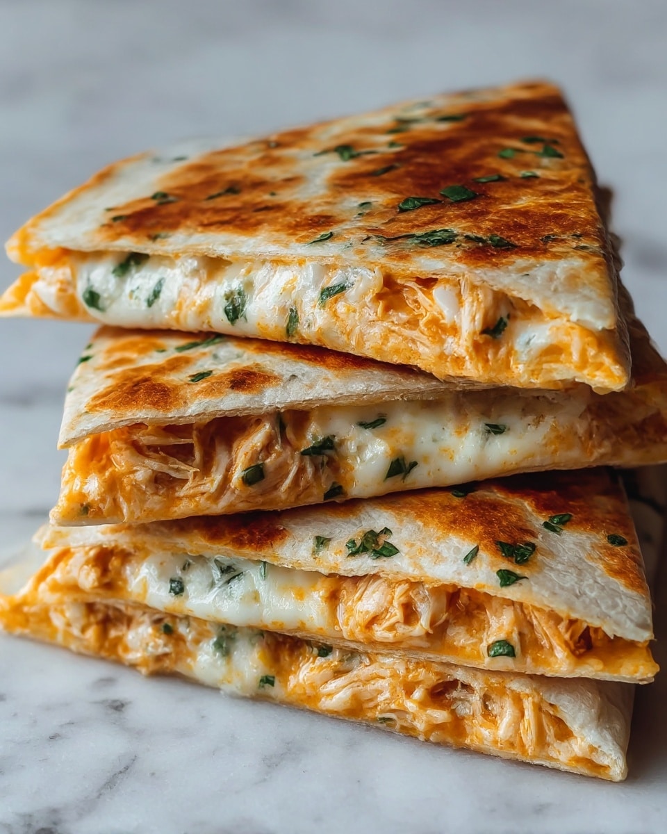 A stack of three folded quesadilla triangles is shown close-up on a white marbled surface. Each quesadilla has a golden-brown, slightly charred tortilla on the outside with small green herb sprinkles on top. Inside, there are two clear layers: a melted white cheese layer mixed with finely chopped green herbs, and a layer of shredded chicken with a light orange sauce coating. The quesadilla pieces are stacked unevenly, showing the gooey cheese and chicken filling spilling slightly from the edges. The texture of the tortillas is soft yet crispy in spots, with the filling looking moist and tender. Photo taken with an iphone --ar 4:5 --v 7