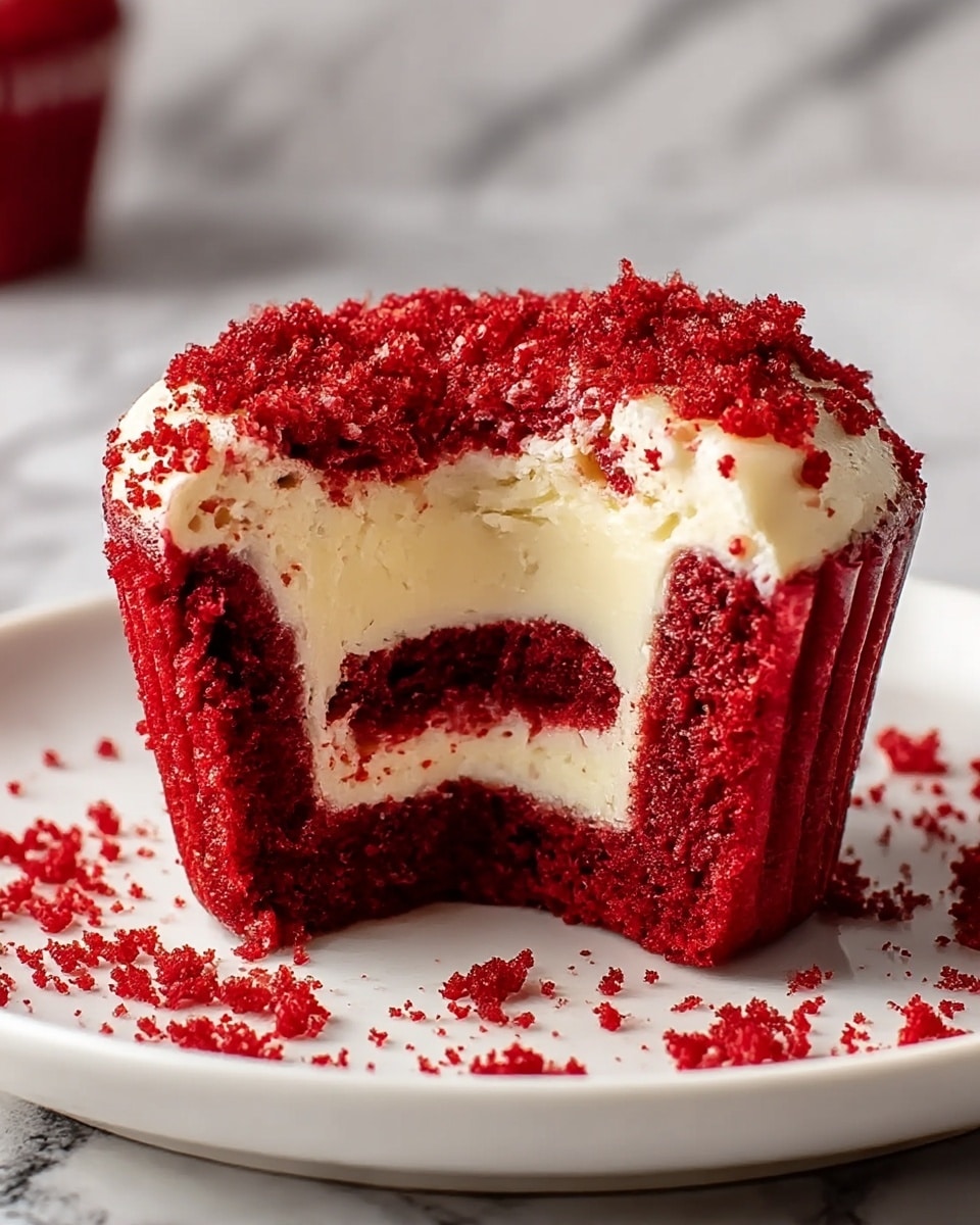 A small red velvet cupcake with a swirl of white cream cheese frosting inside, showing a layered pattern: a thick red outer cake layer with a moist, crumbly texture, a creamy white middle layer, and a red velvet center swirl above the cream, all topped with red crumbs on the surface. It is placed on a white plate with scattered red crumbs around it, set on a white marbled surface. Photo taken with an iphone --ar 4:5 --v 7