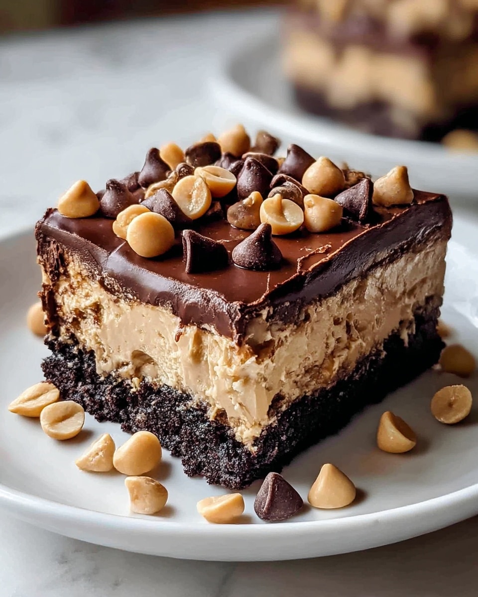 A square slice of layered dessert on a white plate, featuring a dark, crumbly chocolate base, topped by a thick, creamy caramel layer with bits of chocolate mixed in. Above this is a glossy, smooth layer of dark chocolate ganache that gently drips down the sides. The top is covered with scattered peanut butter chips and dark chocolate chips, adding texture and contrast. A few caramel chips are also placed on the plate beside the slice. The plate rests on a white marbled surface. Photo taken with an iphone --ar 4:5 --v 7