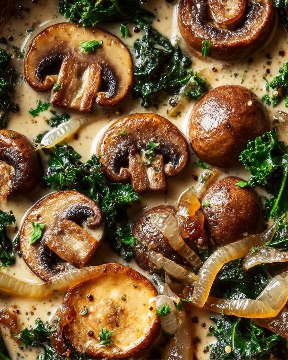 The image shows a close-up of a dish with three main layers: dark brown sautéed mushrooms with a shiny, slightly crisp texture, light golden cooked onions that are soft and slightly translucent, and deep green kale leaves with a slight curl and matte texture. All these layers sit in a creamy light beige sauce that fills the background and glistens slightly. The dish is sprinkled with small black pepper pieces and tiny bits of green herbs, adding subtle color contrast. The photo is taken on a white marbled texture. photo taken with an iphone --ar 4:5 --v 7