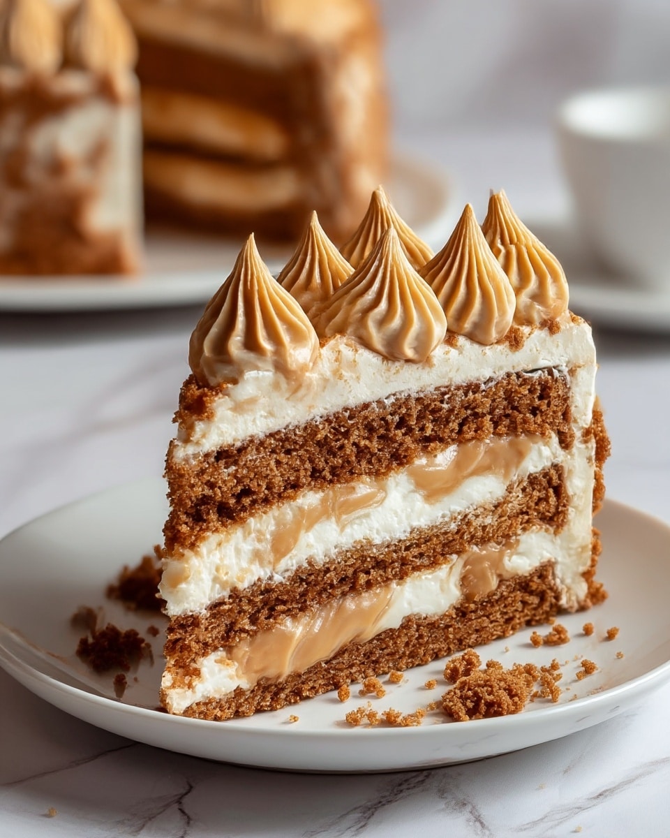 A slice of three-layer brown cake with a soft and moist texture sits on a white plate on a white marbled surface. The bottom and middle layers are dark brown cake, while the two middle filling layers are thick white cream with smooth dollops of light brown caramel cream oozing out. The top of the cake is covered with a thick layer of white cream, decorated with seven swirls of smooth light brown cream, each sprinkled with tiny caramel crumbs. Crumbled bits of cake are scattered around the plate. Photo taken with an iphone --ar 4:5 --v 7