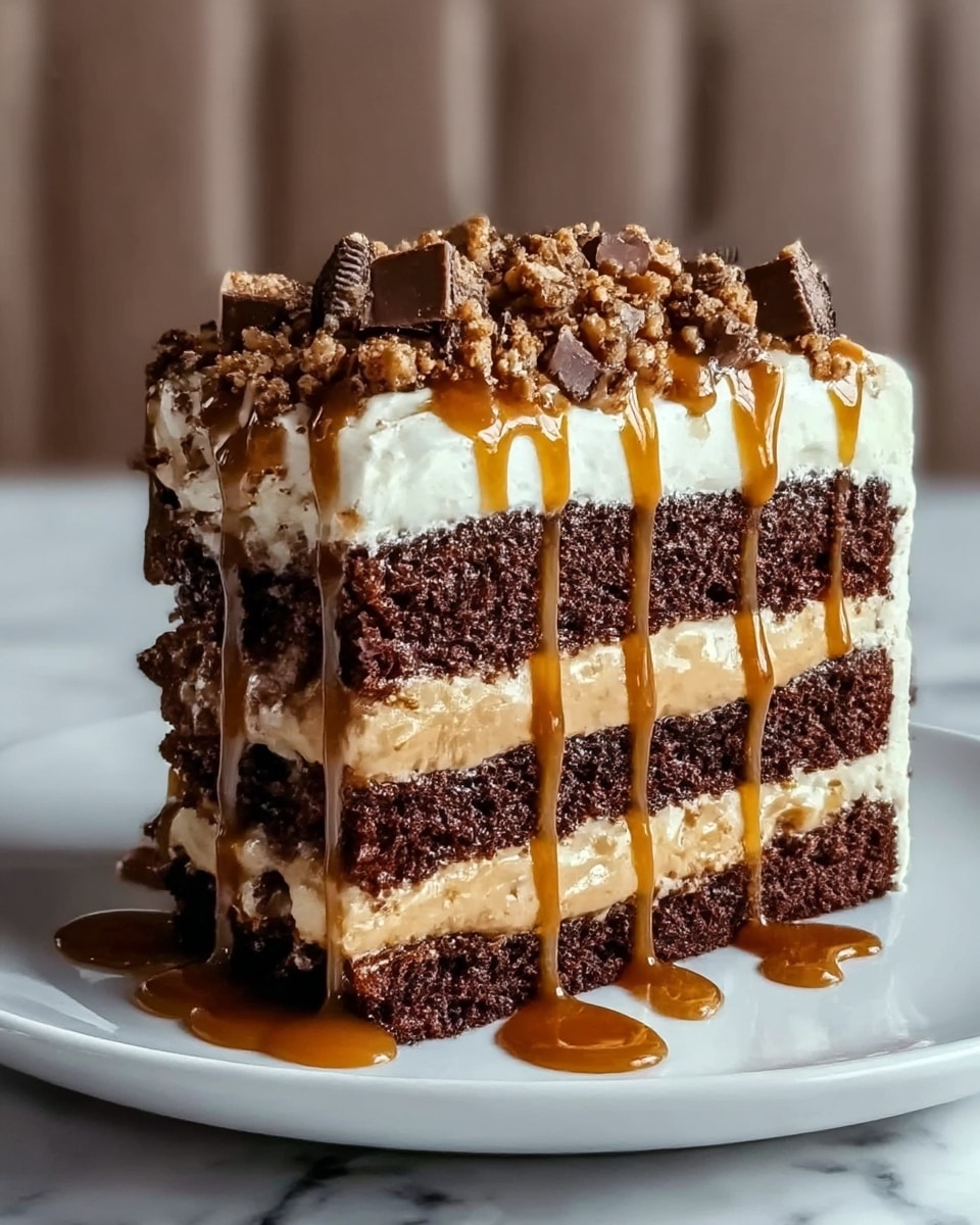 The image shows a three-layer chocolate cake with thick, dark brown moist cake layers. Between the cake layers, there are two thick layers of light caramel-colored filling. On top of the cake, there is a thick layer of white cream, topped with small chunks of chocolate and crushed cookie bits. Caramel sauce is drizzled over the top and sides, dripping down onto the white plate beneath. The cake sits on a white marbled surface in soft lighting. photo taken with an iphone --ar 4:5 --v 7