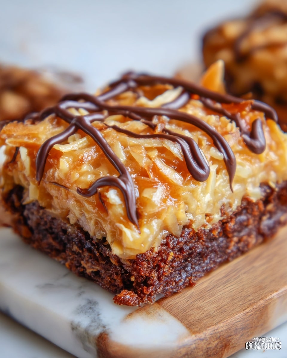 The image shows a close-up of a single bar dessert with two distinct layers. The bottom layer is a dense, dark brown, moist chocolate base with a slightly crumbly texture. On top sits a thick, golden camouflage-like layer filled with shredded coconut and light caramel sauce, giving it a sticky and glossy appearance. Dark brown chocolate drizzle lines run across the top in gentle curves. The dessert piece is placed on a wooden board with a white marbled surface out of focus in the background. Photo taken with an iphone --ar 4:5 --v 7