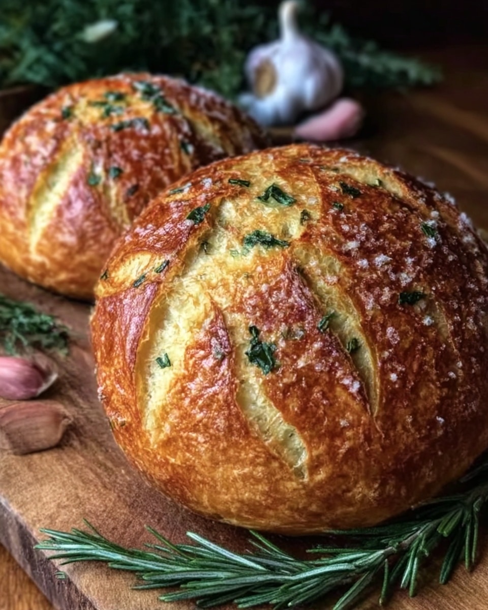 Two golden brown round breads with a crispy, textured crust sit on a white marbled surface. The breads have a rough, crisscross pattern on top sprinkled with coarse salt and small green herb pieces. Behind them are blurred light purple garlic bulbs and green rosemary sprigs, adding a fresh and rustic look. photo taken with an iphone --ar 4:5 --v 7