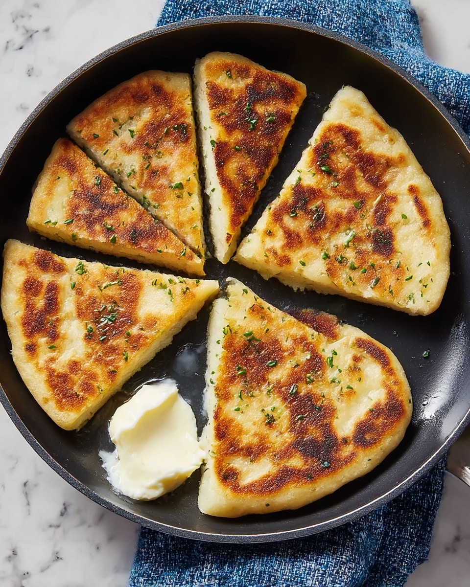 A round black pan holds a flatbread cut into five triangular pieces, each with a crispy, golden-brown toasted top sprinkled lightly with green herbs. The bread's sides are pale and soft, contrasting with the well-browned, textured surface. Next to the bread pieces, there is a small dollop of white creamy butter or sauce melting slightly in the pan. A blue and white textured cloth is partially visible under the pan, with a white marbled texture as the background. photo taken with an iphone --ar 4:5 --v 7